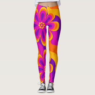 1960s 1970s Style Flowers & Waves Pattern Leggings