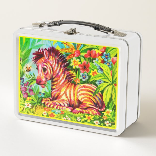 1960s colourful zebra print metal lunch box (Front)