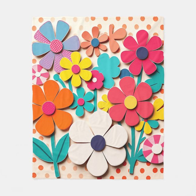 1960s Floral Graphic Cutouts Fleece Blanket (Front)