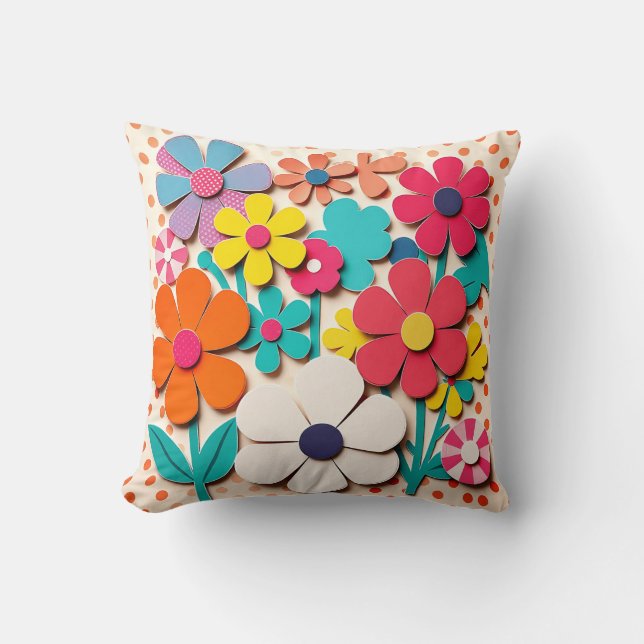 1960s Floral Graphic Cutouts Throw Pillow (Front)