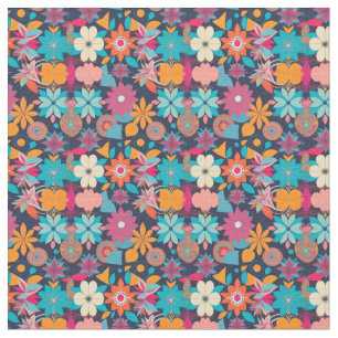 1960s Floral with Geometric Shapes Fabric