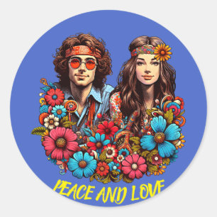 1960s Hippie Couple flower child Peace & Love art  Classic Round Sticker