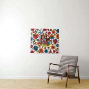 1960s Hippie Couple flower child Peace & Love art Tapestry