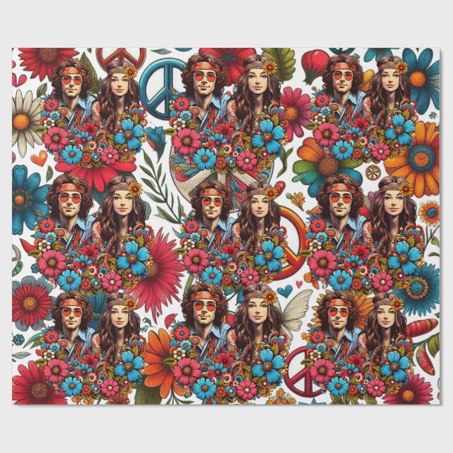 1960s Hippie Couple flower child Peace & Love art  Wrapping Paper (Flat)