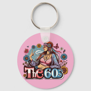 1960s Hippie girl chick peace sign fingers art Keychain