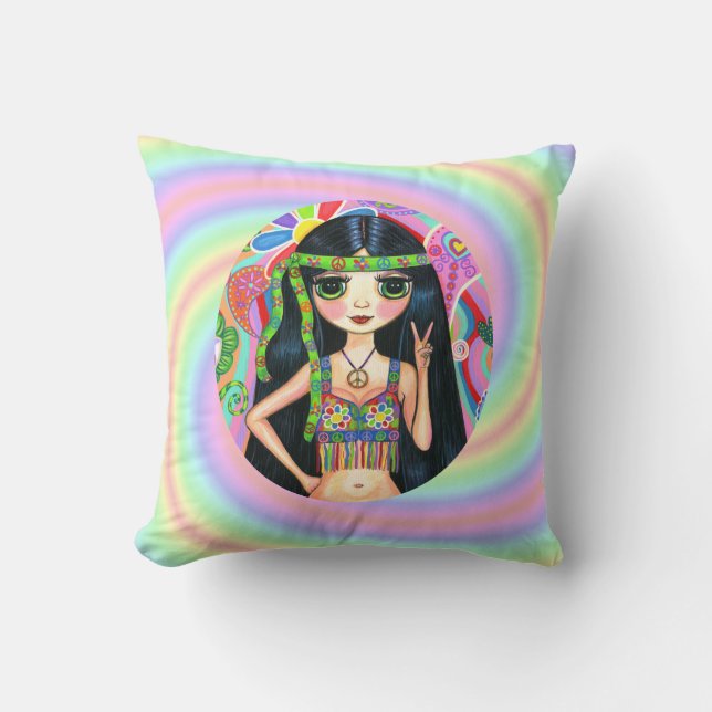 1960s Hippie Girl Flashing Peace Sign Throw Pillow (Front)