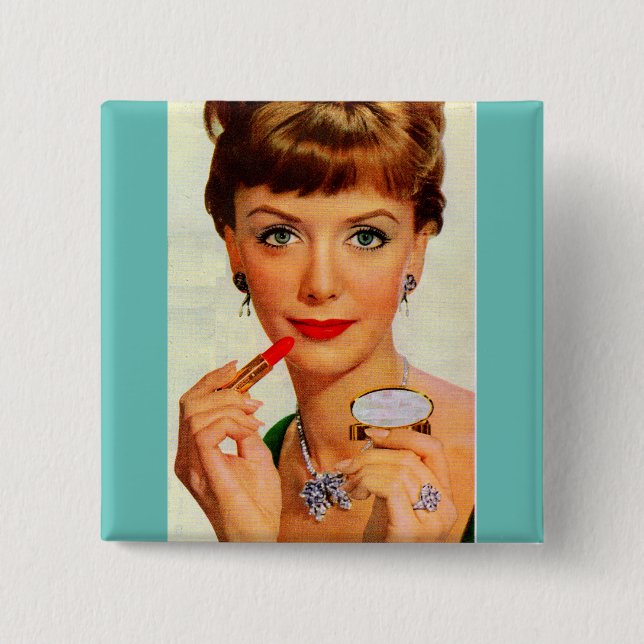 1960s lipstick lady 2 inch square button (Front)