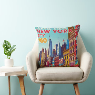 1960s New York Poster   Bold Red & Yellow" Throw Pillow