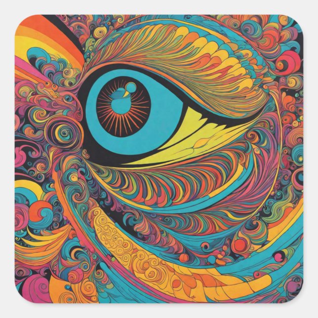 1960s Psychedelic Horror Vacui Art Pattern Square Sticker (Front)