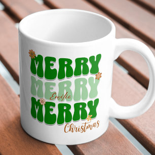 1960s Retro Groovy Green Merry Christmas Boho Name Mug