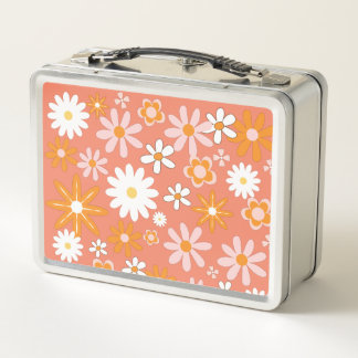 1960s Retro Orange Flower Metal Lunchbox