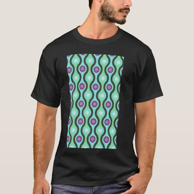 1960's RETRO WAVE AND CIRCLE PATTERN GREEN T-Shirt (Front)