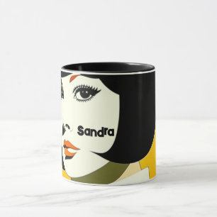 1960s style girl with black bob, editable name mug