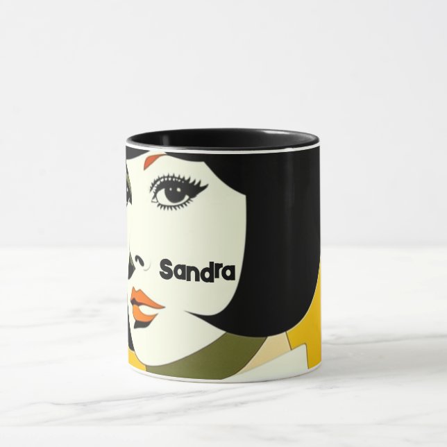 1960s style girl with black bob, editable name mug (Center)
