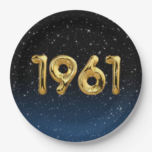 1961 Birthday Balloons In Stars Paper Plate (Front)