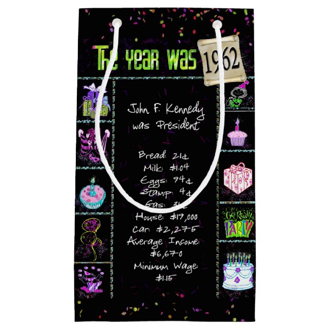 1962 Birth Year Trivia on Black Small Gift Bag (Front)