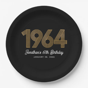 1964 Black Faux Gold 60th Birthday  Paper Plate