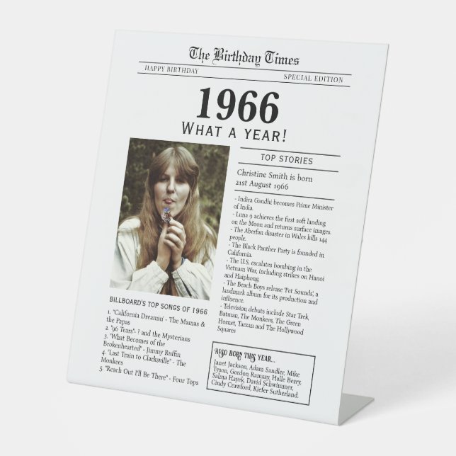 1966 Birthday Newspaper Tabletop Pedestal Sign (Front)