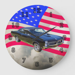 1967 Pontiac GTO and American Flag Large Clock