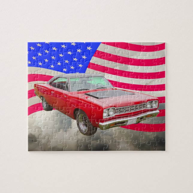 1968 Plymouth Roadrunner And American Flag Jigsaw Puzzle (Horizontal)