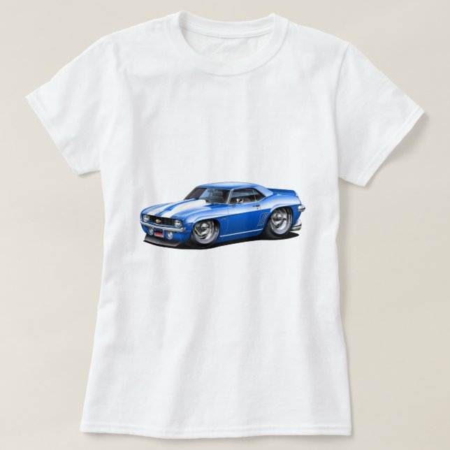 1969 Camaro SS Blue-White Car T-Shirt (Design Front)