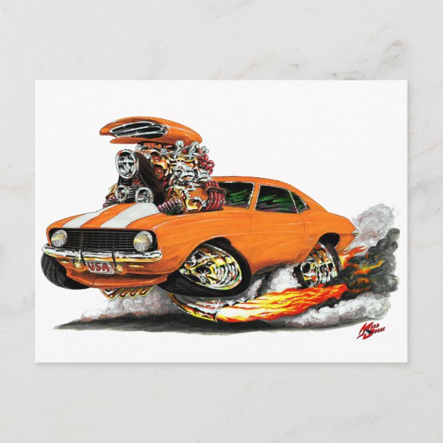 1969 Camaro SS Orange-White Car Postcard (Front)