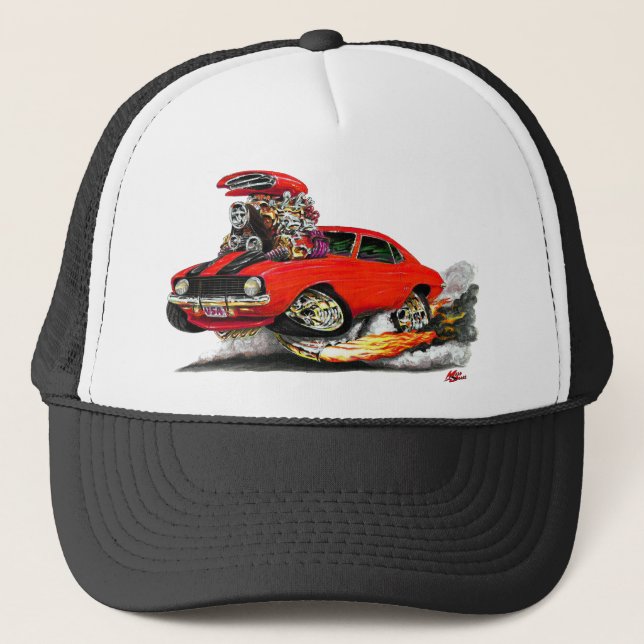 1969 Camaro SS Red-Black Car Trucker Hat (Front)