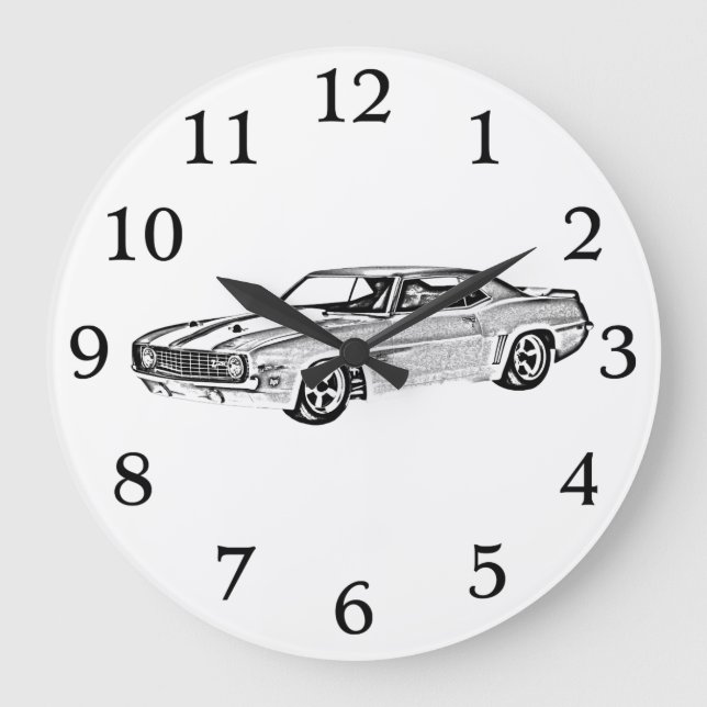1969 Camaro Z28 Black and White Bowtie Muscle Car Large Clock (Front)
