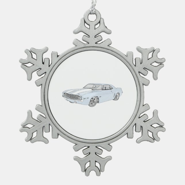 1969 Chevy Camaro Baby Blue with White Stripe Snowflake Pewter Christmas Ornament (Front)