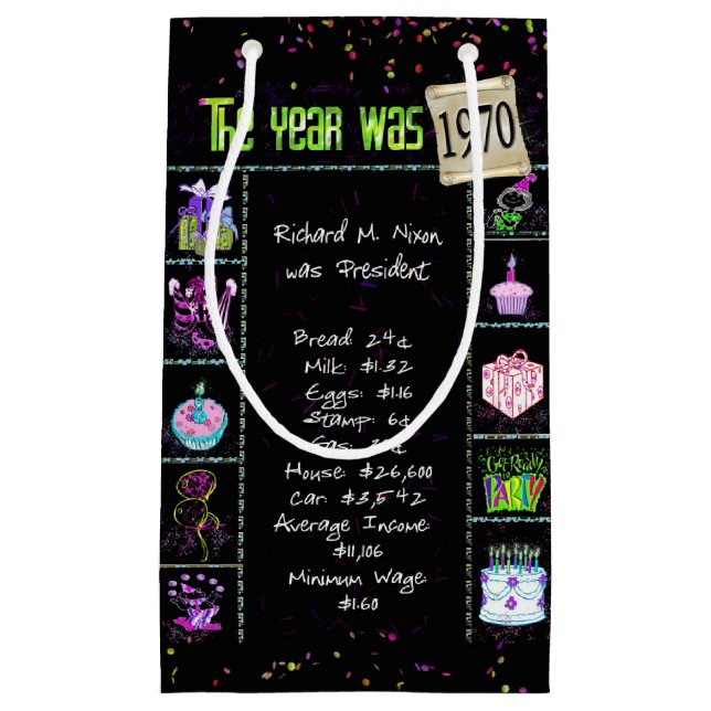1970 Birth Year Trivia on Black Small Gift Bag (Front)