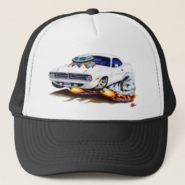 1970 Cuda White Car Trucker Hat (Front)