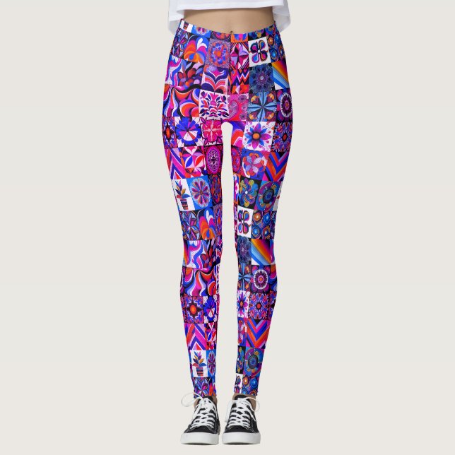 1970s Blue+Purple Pattern Retro Style Custom Tight Leggings (Front)