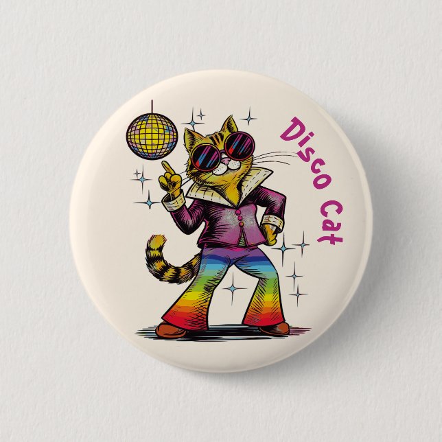 1970's Disco cat, seventies style discotech 2 Inch Round Button (Front)