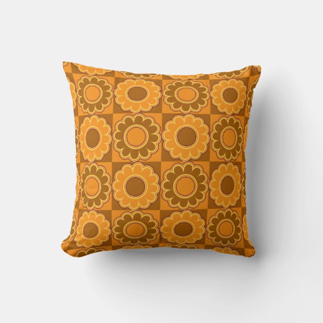 1970s flower power brown and orange retro throw pillow (Front)