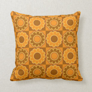 1970s flower power brown and orange retro throw pillow