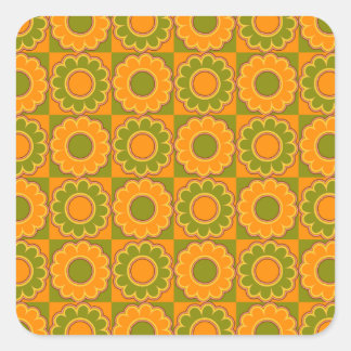 1970s flower power orange and olive green retro square sticker