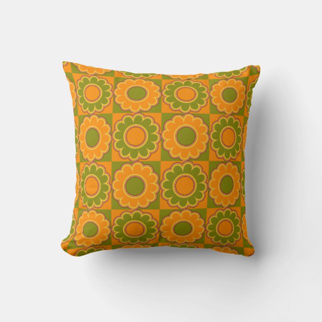 1970s flower power orange and olive green retro throw pillow (Front)