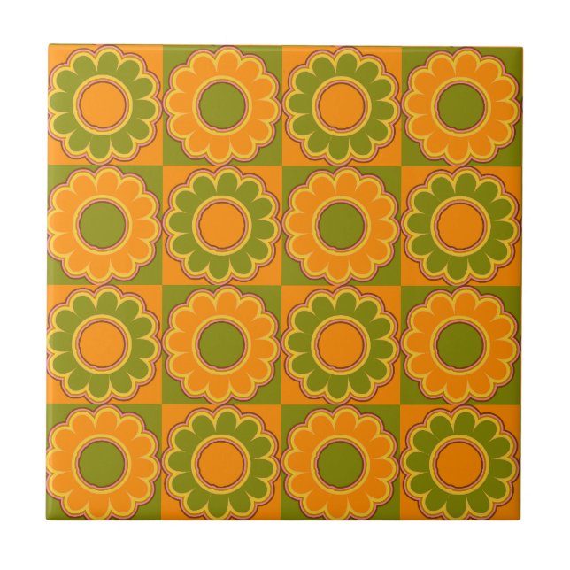 1970s flower power orange and olive green retro tile (Front)