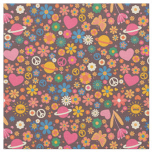 1970s groovy peace sign planet retro hippie brown fabric