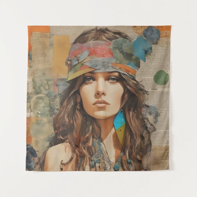 1970s Hippie Woman Collage Tapestry (Front)