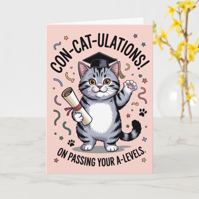 1970s-inspired “Con-cat-ulations” A-Level success  Card (Yellow Flower)