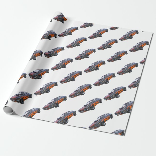 1970's Muscle Car with Orange Flame and Black Wrapping Paper (Unrolled)