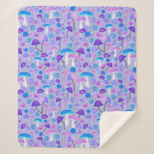 1970s Mushrooms Flowers Woodland Purple Blue Sherpa Blanket (Front)