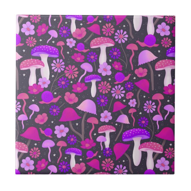 1970s Mushrooms Psychedelic Purple, Pink & Black Tile (Front)