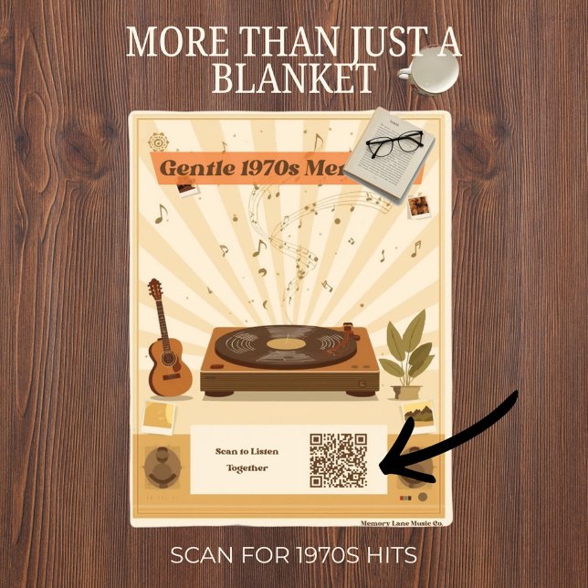 1970s Music Therapy Scannable QR Code Blanket (Retro 1970s music therapy themed blanket with a functional scannable QR code in the corner.)