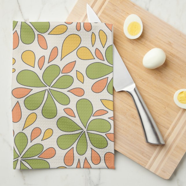 1970s Retro Abstract Flowers Green Yellow Pink Kitchen Towel (Quarter Fold)