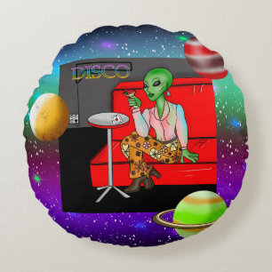 1970's Retro Extraterrestrial in Disco Lounge Round Pillow