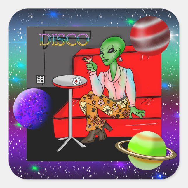 1970's Retro Extraterrestrial in Disco Lounge Square Sticker (Front)