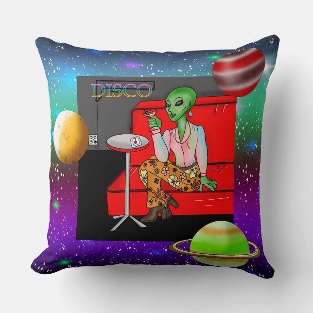 1970's Retro Extraterrestrial in Disco Lounge   Throw Pillow (Front)