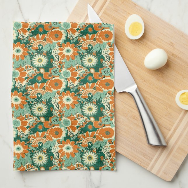 1970s Retro Floral Pattern Kitchen Towel (Quarter Fold)